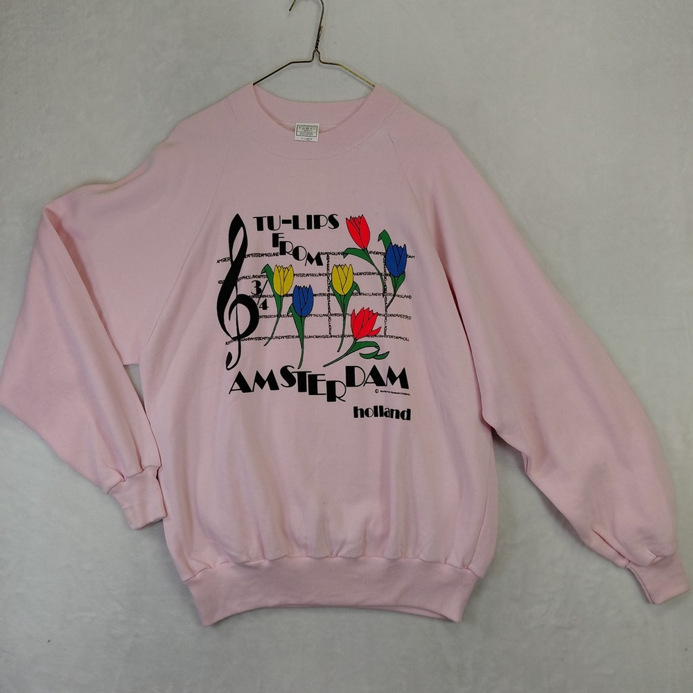 Vintage Amsterdam Tulips Holland Graphic‎ Sweatshirt Pink XL Souvenir Crewneck